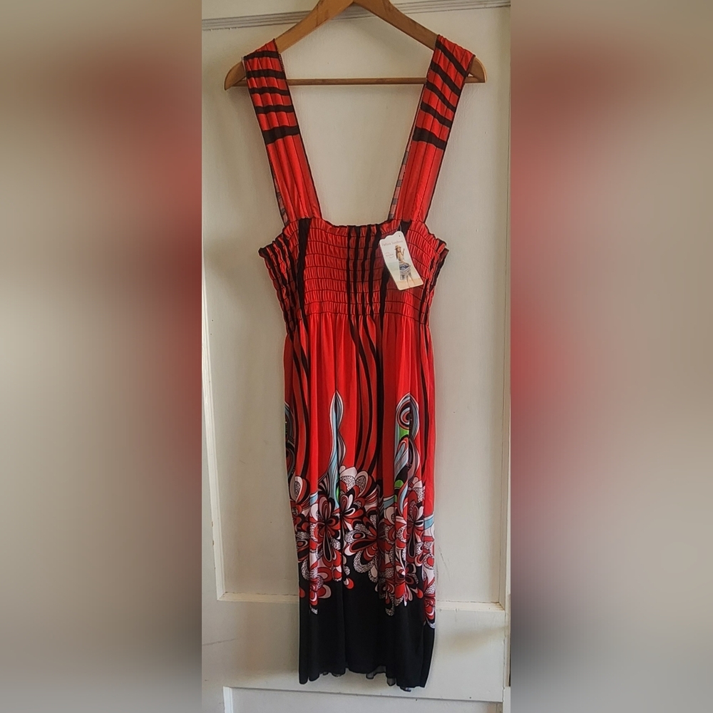 WinWin Vibrant Red Sundress Midi with Black & Aqua Accents